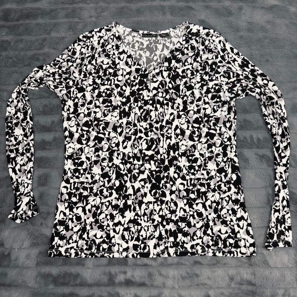 Tahari Womens Small Black White Abstract Print V-Neck Long Sleeve Top Blouse